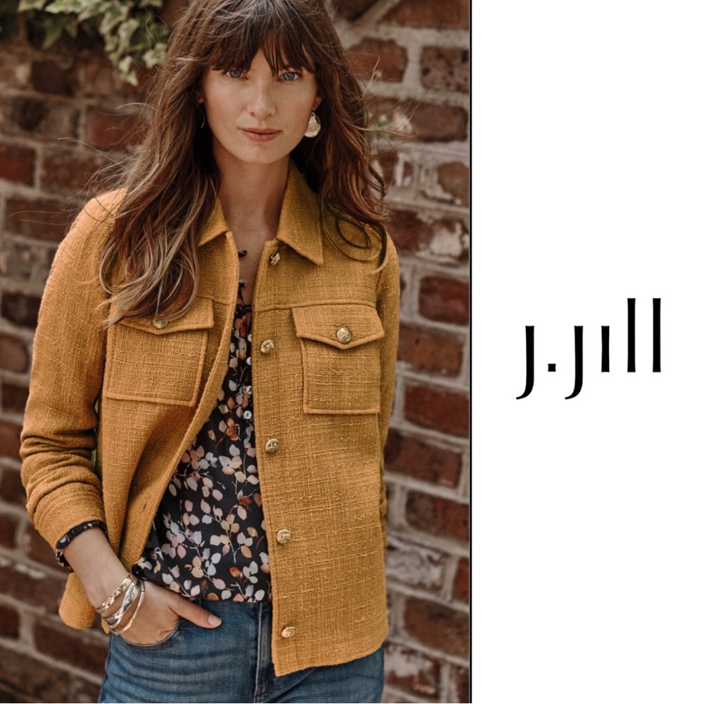 J. Jill Modern Tweed in Golden Honey Cotton Blend Jacket w Gold Tone Buttons L